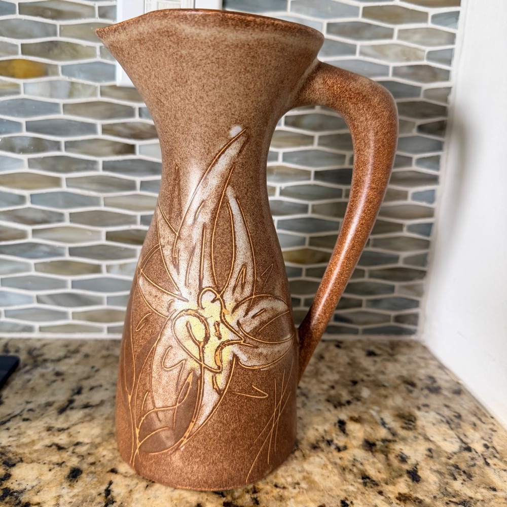 Vallauris D. Miani French Mid Century Modern Ceramic Pitcher Vase Brown Floral